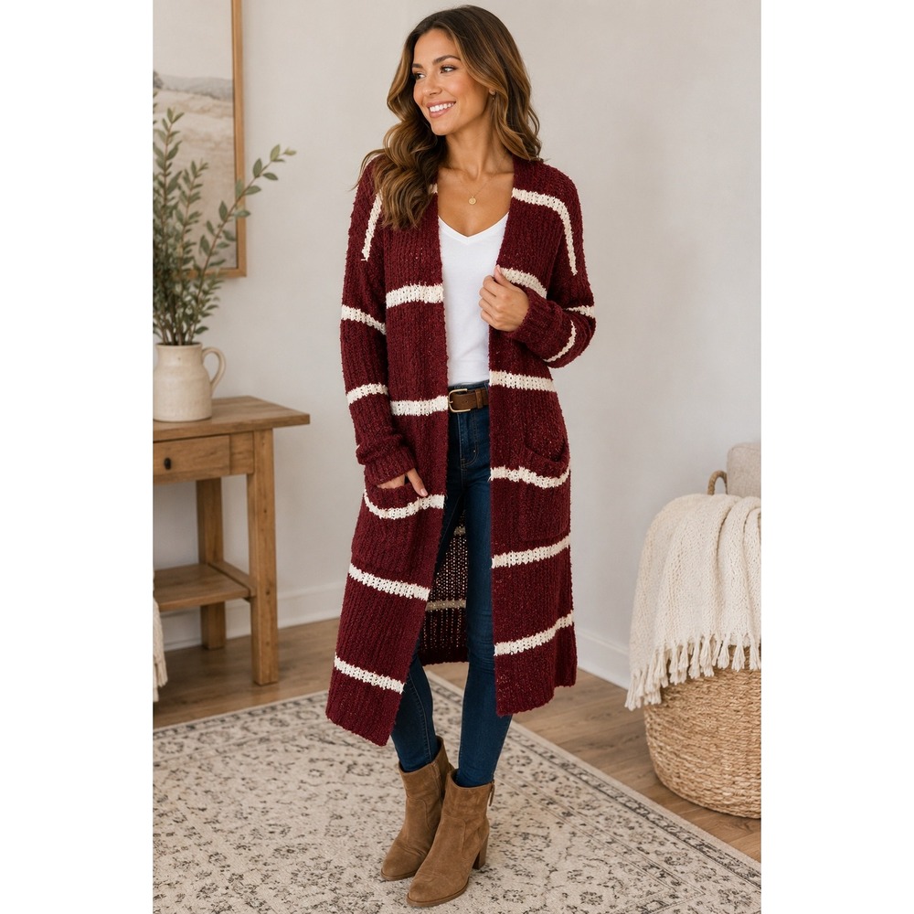 Cherish Burgundy Striped Longline Open Front Cardigan Sweater Small MT5492